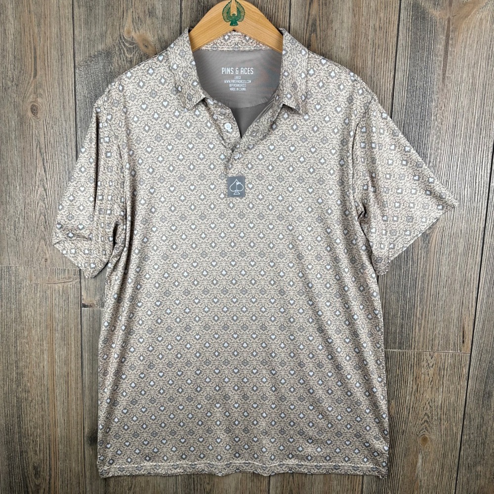 Pins & Aces Mens Golf Polo Shirt Large Tan Damask Playing Card Suits Performance